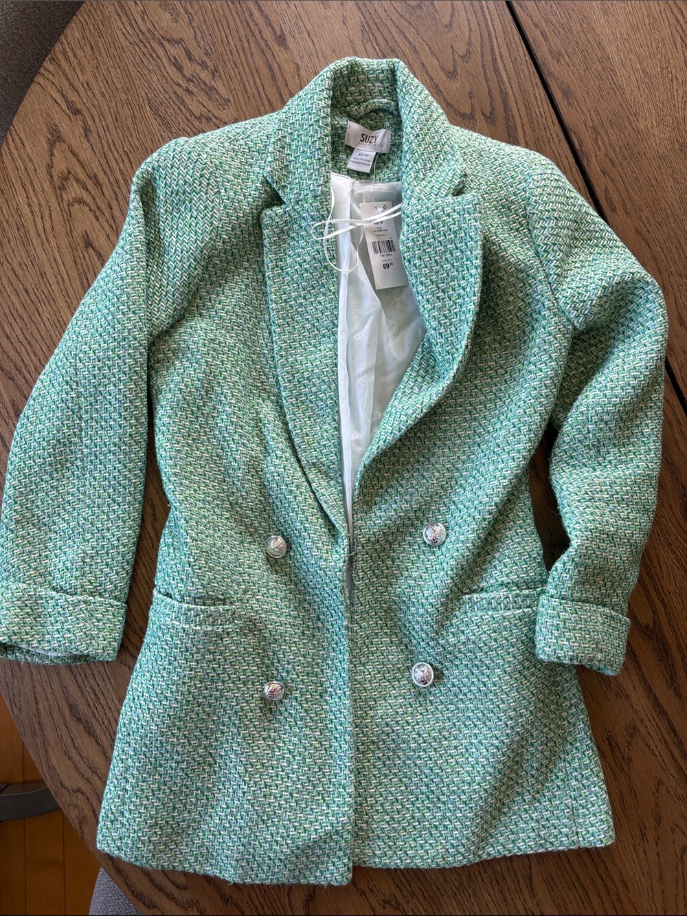 Suzi Roher Seafoam Green Tweed Double-Breasted Blazer